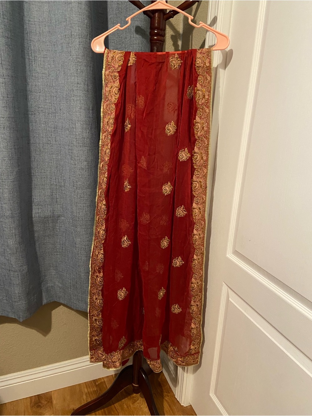 Indian Red Embroidered Women's Scarf Dupatta with Gold Accents